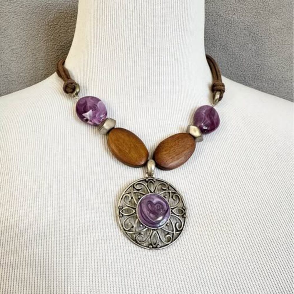 Purple Marbled Bead and Wood Pendant Necklace